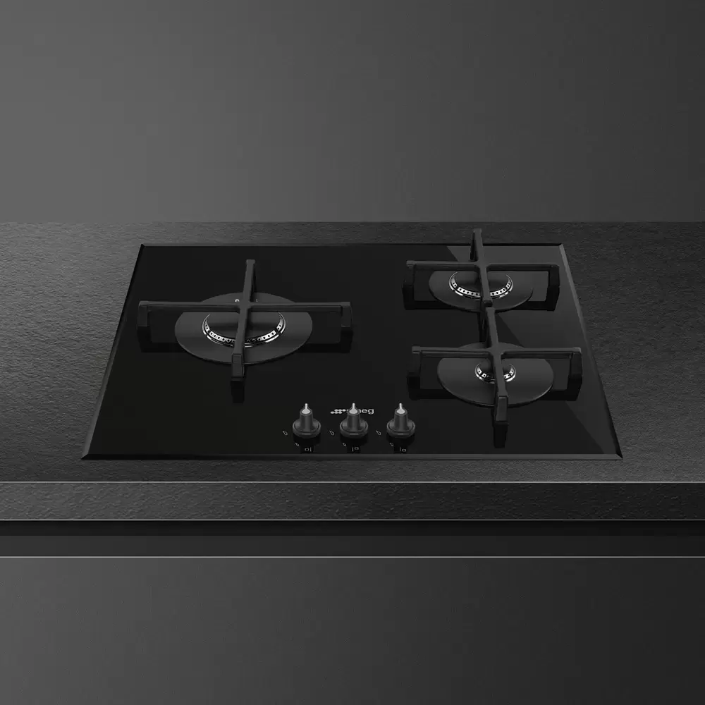 SMEG PV163B3 Газовая варочная панель, 60 см, стекло Deep Black (чёрное), скошенный край