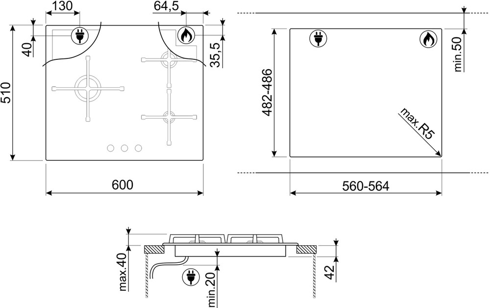 SMEG PV164B3 Газовая варочная панель, 60 см, стекло Deep Black (чёрное), скошенный край